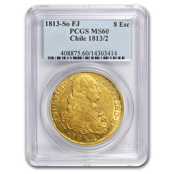 1813-SO FJ Chile Gold 8 Escudos Ferdinand VII MS-60 PCGS (1813/2) 1813-SO FJ Chile Gold 8 Escudos Ferdinand VII MS-60 PCGS (1813/2)